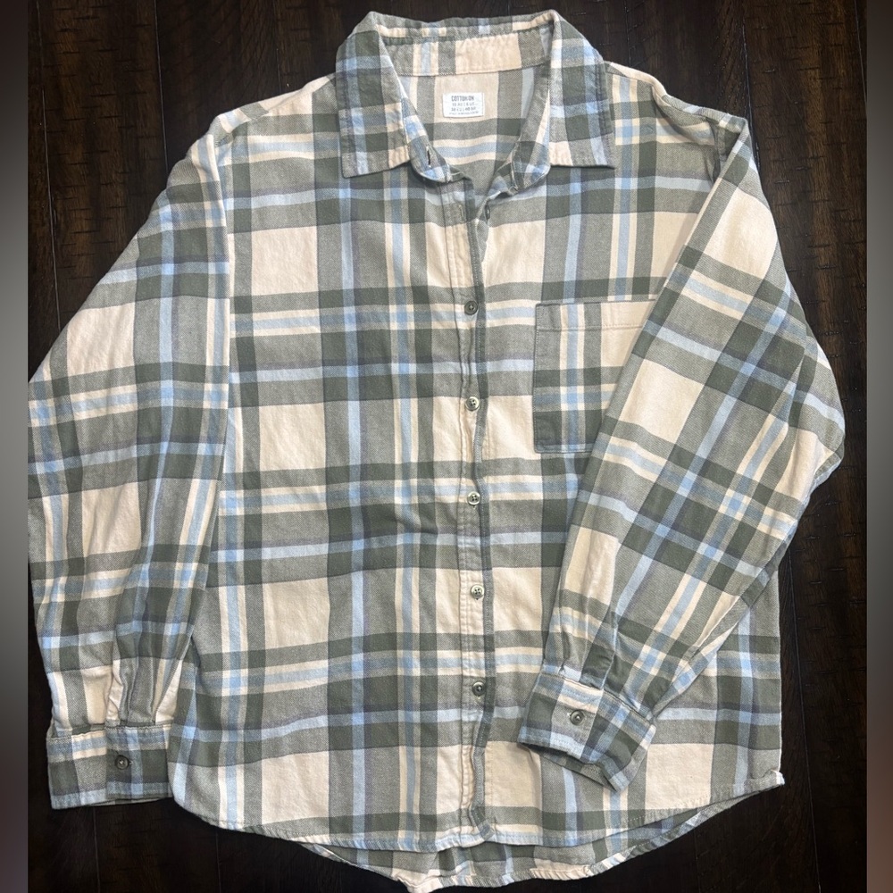 Cotton On Plaid Button-Down Shirt in Cream, Light Blue & Olive